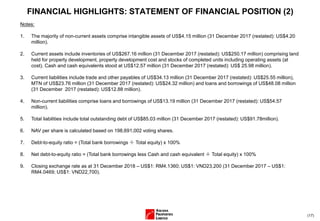 (17)
FINANCIAL HIGHLIGHTS: STATEMENT OF FINANCIAL POSITION (2)
Notes:
1. The majority of non-current assets comprise intangible assets of US$4.15 million (31 December 2017 (restated): US$4.20
million).
2. Current assets include inventories of US$267.16 million (31 December 2017 (restated): US$250.17 million) comprising land
held for property development, property development cost and stocks of completed units including operating assets (at
cost). Cash and cash equivalents stood at US$12.57 million (31 December 2017 (restated): US$ 25.98 million).
3. Current liabilities include trade and other payables of US$34.13 million (31 December 2017 (restated): US$25.55 million),
MTN of US$23.76 million (31 December 2017 (restated): US$24.32 million) and loans and borrowings of US$48.08 million
(31 December 2017 (restated): US$12.88 million).
4. Non-current liabilities comprise loans and borrowings of US$13.19 million (31 December 2017 (restated): US$54.57
million).
5. Total liabilities include total outstanding debt of US$85.03 million (31 December 2017 (restated): US$91.78million).
6. NAV per share is calculated based on 198,691,002 voting shares.
7. Debt-to-equity ratio = (Total bank borrowings ÷ Total equity) x 100%
8. Net debt-to-equity ratio = (Total bank borrowings less Cash and cash equivalent ÷ Total equity) x 100%
9. Closing exchange rate as at 31 December 2018 – US$1: RM4.1360; US$1: VND23,200 (31 December 2017 – US$1:
RM4.0469; US$1: VND22,700).
 