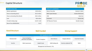 Capital Structure
PROBE GOLD INC.
Market capitalization $230 million
Shares outstanding (basic) 181.0 million
Shares outstanding (fully diluted) 190.2 million
Cash ~$30 million
52-week trading range $1.08 - $1.68
Recent Price (04/09/2024) $1.27
TOP SHAREHOLDERS
Eldorado Gold
Caisse de dépôt et
placement du Québec Franklin Templeton
Libra Advisors Kingsley Advisors Investment Quebec
Van Eck Merk Investments Gabelli Funds GAM Holding AG Fonds de solidarité FTQ SIDEX
Management and Directors (~7%)
16
ANALYST COVERAGE
Beacon Securities Bereket A. Berhe
BMO Capital Markets Andrew Mikitchook
CIBC Anita Soni
Canaccord Jeremy Hoy
SCP Resource Finance Brandon Gaspar
Good Structure Strong Support
Well Funded
 
