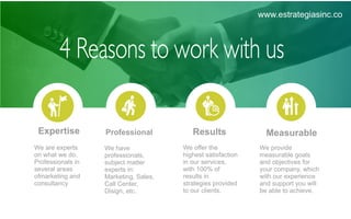 4 Reasons to work with us
We are experts
on what we do.
Professionals in
several areas
ofmarketing and
consultancy
We have
professionals,
subject matter
experts in:
Marketing, Sales,
Call Center,
Disign, etc.
We oﬀer the
highest satisfaction
in our services,
with 100% of
results in
strategies provided
to our clients.
We provide
measurable goals
and objectives for
your company, which
with our experience
and support you will
be able to achieve.
Expertise Professional Results Measurable
www.estrategiasinc.co
We oﬀer the highest satisfa
 