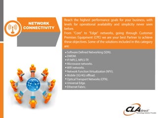 Data Center Solutions
Servers, networks, managed services and storage
combined in an unique management structure, that
guarantees the access to business appplications
without mantainance, licenses or new releases
investments.
We provide uninterrupted service availability,
combined with the technology capabilities of our
professional team. We enable our client´s
businesses to migrate their operations to a private
enterprise virtual platform to:
• Decrease their physical server needs.
• Eliminate in-house maintenance responsibilities.
•Add robust security features.
•Include redundancy for disaster recovery.
•Eliminate future hardware investments costs.
 