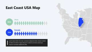 Lorem ipsum dolor sit a met, connecter adipescent elite, temper incident
Ut labore et dolore magna aliquant. Ut denim ad minim venial quiz
nostrum connecter adipescent elite.
95%
75%
Male
Female
East Coast USA Map
 