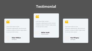Testimonial
Lorem ipsum dolor sit amet,
consectetur adipiscing elit, sed do eiusmod
incididunt ut labore et dolore magna aliqua.
Ut enim ad minim veniam,
Adrien Jacob
CEO/Founder
Lorem ipsum dolor sit amet,
consectetur adipiscing elit, sed do eiusmod
incididunt ut labore et dolore magna aliqua.
Ut enim ad minim veniam,
Peul Wingery
Manager
Lorem ipsum dolor sit amet,
consectetur adipiscing elit, sed do eiusmod
incididunt ut labore et dolore magna aliqua.
Ut enim ad minim veniam,
Robar William
Designer
 