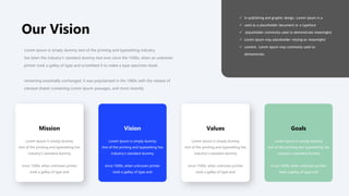 Our Vision
Lorem Ipsum is simply dummy text of the printing and typesetting industry.
has been the industry's standard dummy text ever since the 1500s, when an unknown
printer took a galley of type and scrambled it to make a type specimen book.
remaining essentially unchanged. It was popularized in the 1960s with the release of
Letraset sheets containing Lorem Ipsum passages, and more recently
Lorem Ipsum is simply dummy
text of the printing and typesetting has
industry's standard dummy
since 1500s, when unknown printer
took a galley of type and
Mission
Lorem Ipsum is simply dummy
text of the printing and typesetting has
industry's standard dummy
since 1500s, when unknown printer
took a galley of type and
Vision
Lorem Ipsum is simply dummy
text of the printing and typesetting has
industry's standard dummy
since 1500s, when unknown printer
took a galley of type and
Values
Lorem Ipsum is simply dummy
text of the printing and typesetting has
industry's standard dummy
since 1500s, when unknown printer
took a galley of type and
Goals
 In publishing and graphic design, Lorem ipsum is a
 used as a placeholder document or a typeface
 placeholder commonly used to demonstrate meaningful
 Lorem ipsum may placeholder relying on meaningful
 content. Lorem ipsum may commonly used to
demonstrate.
 