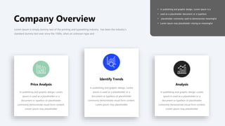 Company Overview
Lorem Ipsum is simply dummy text of the printing and typesetting industry. has been the industry's
standard dummy text ever since the 1500s, when an unknown type and
Price Analysis
In publishing and graphic design, Lorem
ipsum is used as a placeholder or a
document or typeface sit placeholder
commonly demonstrate visual form content.
Lorem ipsum may placeholder
Analysis
In publishing and graphic design, Lorem
ipsum is used as a placeholder or a
document or typeface sit placeholder
commonly demonstrate visual form content.
Lorem ipsum may placeholder
Identify Trends
In publishing and graphic design, Lorem
ipsum is used as a placeholder or a
document or typeface sit placeholder
commonly demonstrate visual form content.
Lorem ipsum may placeholder
 In publishing and graphic design, Lorem ipsum is a
 used as a placeholder document or a typeface
 placeholder commonly used to demonstrate meaningful
 Lorem ipsum may placeholder relying on meaningful
 