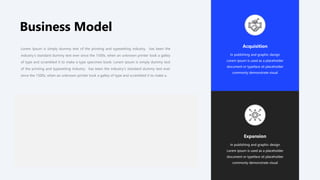 Business Model
Lorem Ipsum is simply dummy text of the printing and typesetting industry. has been the
industry's standard dummy text ever since the 1500s, when an unknown printer took a galley
of type and scrambled it to make a type specimen book. Lorem Ipsum is simply dummy text
of the printing and typesetting industry. has been the industry's standard dummy text ever
since the 1500s, when an unknown printer took a galley of type and scrambled it to make a.
Expansion
In publishing and graphic design
Lorem ipsum is used as a placeholder
document or typeface sit placeholder
commonly demonstrate visual
Acquisition
In publishing and graphic design
Lorem ipsum is used as a placeholder
document or typeface sit placeholder
commonly demonstrate visual
 