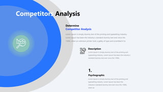 Description
Lorem Ipsum is simply dummy text of the printing and
typesetting industry. Lorem Ipsum has been the industry's
standard dummy text ever since the 1500s,
Lorem Ipsum is simply dummy text of the printing and
typesetting industry. Lorem Ipsum has been the
industry's standard dummy text ever since the 1500s,
when an
Psychographic
1.
Competitors Analysis
Determine
Competitor Analysis
Lorem Ipsum is simply dummy text of the printing and typesetting industry.
Lorem Ipsum has been the industry's standard dummy text ever since the
1500s, when an unknown printer took a galley of type and scrambled it to
 