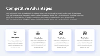 Competitive Advantages
Description
Lorem Ipsum is simply dummy text
of the printing and typesetting
industry. Lorem Ipsum has been
industry's standard dummy text
ever since the 1500s,
Description
Lorem Ipsum is simply dummy text
of the printing and typesetting
industry. Lorem Ipsum has been
industry's standard dummy text
ever since the 1500s,
Description
Lorem Ipsum is simply dummy text
of the printing and typesetting
industry. Lorem Ipsum has been
industry's standard dummy text
ever since the 1500s,
Description
Lorem Ipsum is simply dummy text
of the printing and typesetting
industry. Lorem Ipsum has been
industry's standard dummy text
ever since the 1500s,
Lorem Ipsum is simply dummy text of the printing and typesetting industry. Lorem Ipsum has been the industry's standard dummy text ever since the
1500s, when an unknown printer took a galley of type and scrambled it to make a type specimen book. It has survived not only five centuries, Lorem Ipsum
is simply dummy text of the printing and typesetting industry. Lorem Ipsum has been the industry's standard dummy text ever since the
1500s, when an unknown printer took a galley of type and scrambled it to make a type specimen book. It has survived not only five centuries,
 
