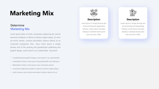 Marketing Mix
Lorem ipsum dolor sit amet, consectetur adipiscing elit, sed do
eiusmod incididunt ut labore et dolore magna aliqua. Ut enim
ad minim veniam, nostrud exercitation ullamco laboris ex ea
commodo consequent. Duis ikura Lorem Ipsum is simply
dummy text of the printing and typesettingIn publishing and
graphic design, Lorem ipsum is as a placeholder document
Determine
Marketing Mix
• In publishing and graphic design, Lorem ipsum is as a placeholder
• meaningful content. Lorem ipsum may placeholder text relying on
• Meaningful content. Lorem ipsum may commonly used to
• consectetur adipiscing incident ut labore et dolore magna aliqua.
• minim veniam, quis nostrud exercitation ullamco laboris nisi ut
Description
Lorem Ipsum is simply dummy text
of the printing and typesetting
industry. Lorem Ipsum has been
industry's standard dummy text
ever since the 1500s,
Description
Lorem Ipsum is simply dummy text
of the printing and typesetting
industry. Lorem Ipsum has been
industry's standard dummy text
ever since the 1500s,
 