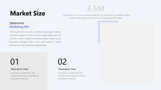 Market Size
Lorem ipsum dolor sit amet, consectetur adipiscing elit, sed do
eiusmod incididunt ut labore et dolore magna aliqua. Ut enim
ad minim veniam, nostrud exercitation ullamco laboris ex ea
commodo consequent. Duis ikura Lorem Ipsum is simply
dummy text of the printing and typesettingIn
Determine
Marketing Mix
01
Description Here
Lorem ipsum is a placeholder text
commonly demonstrate visual form of
a document. meaningful
02
Description Here
Lorem ipsum is a placeholder text
commonly demonstrate visual form of
a document. meaningful
3.5M
Lorem ipsum dolor sit amet, consectetur adipiscing elit, sed do eiusmod incididunt ut labore
et dolore magna aliqua. enim minim veniam, nostrud exercitation ullamc
 