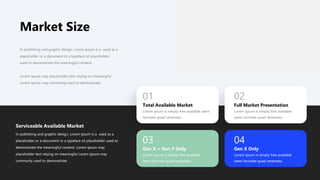 Market Size
Lorem ipsum is simply free available seem
laciniate quad venerates.
Total Available Market
01
Lorem ipsum is simply free available
seem laciniate quad venerates.
Full Market Presentation
02
Lorem ipsum is simply free available
seem laciniate quad venerates.
Gen X + Gen Y Only
03
Lorem ipsum is simply free available
seem laciniate quad venerates.
Gen X Only
04
In publishing and graphic design, Lorem ipsum is a used as a
placeholder or a document or a typeface sit placeholder
used to demonstrate the meaningful content.
Lorem ipsum may placeholder text relying on meaningful
Lorem ipsum may commonly used to demonstrate.
Serviceable Available Market
In publishing and graphic design, Lorem ipsum is a used as a
placeholder or a document or a typeface sit placeholder used to
demonstrate the meaningful content. Lorem ipsum may
placeholder text relying on meaningful Lorem ipsum may
commonly used to demonstrate.
 