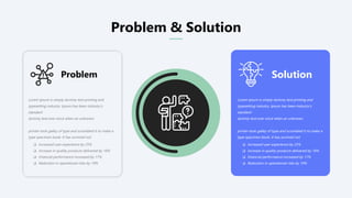 Problem & Solution
Problem Solution
Lorem Ipsum is simply dummy text printing and
typesetting industry. Ipsum has been industry’s
standard
dummy text ever since when an unknown
printer took galley of type and scrambled it to make a
type specimen book. It has survived not
 Increased user experience by 25%
 Increase in quality products delivered by 18%
 Financial performance increased by 17%
 Reduction in operational risks by 19%
Lorem Ipsum is simply dummy text printing and
typesetting industry. Ipsum has been industry’s
standard
dummy text ever since when an unknown
printer took galley of type and scrambled it to make a
type specimen book. It has survived not
 Increased user experience by 25%
 Increase in quality products delivered by 18%
 Financial performance increased by 17%
 Reduction in operational risks by 19%
 