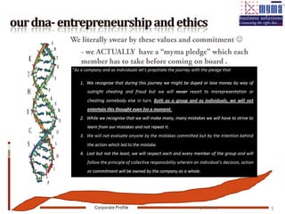 We literally swear by these values and commitment 
   - we ACTUALLY have a “myma pledge” which each
   member has to take before coming on board .




       Corporate Profile             April, 2009      5
 