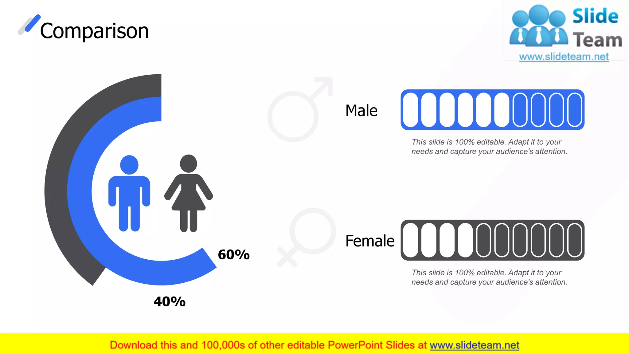 Comparison
40%
60%
Male
This slide is 100% editable. Adapt it to your
needs and capture your audience's attention.
Female
This slide is 100% editable. Adapt it to your
needs and capture your audience's attention.
29
 