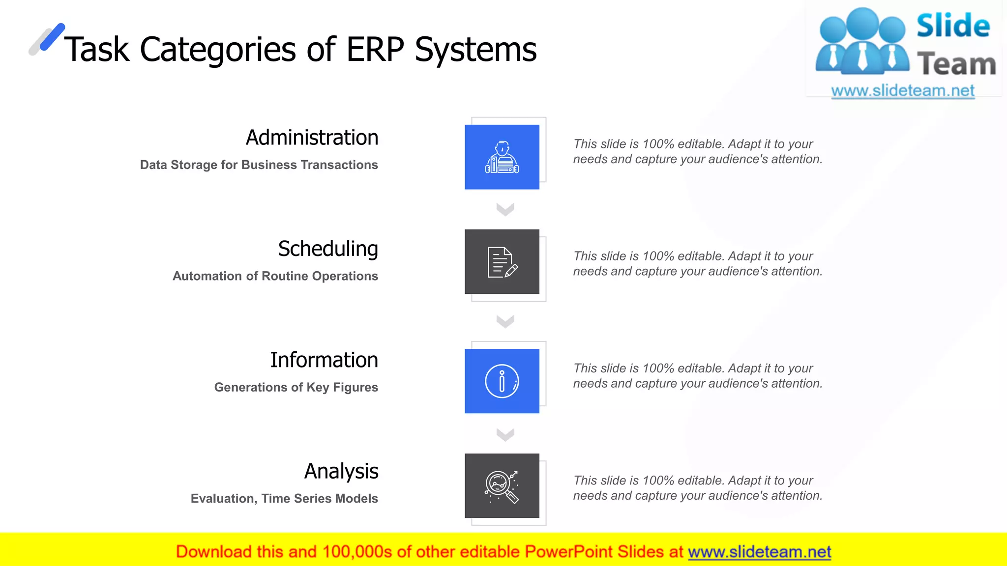 Task Categories of ERP Systems
Administration
Data Storage for Business Transactions
Scheduling
Automation of Routine Operations
Information
Generations of Key Figures
Analysis
Evaluation, Time Series Models
This slide is 100% editable. Adapt it to your
needs and capture your audience's attention.
This slide is 100% editable. Adapt it to your
needs and capture your audience's attention.
This slide is 100% editable. Adapt it to your
needs and capture your audience's attention.
This slide is 100% editable. Adapt it to your
needs and capture your audience's attention.
5
 