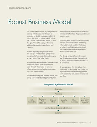 Expanding Horizons




Robust Business Model
              The continued expansion of palm plantation       with deep draft next to its manufacturing
              acreage in Indonesia and Malaysia is             complexes to facilitate shipping and reduce
              projected to double crude palm oil (CPO)         logistics costs.
              production from 33 million metric tonnes
              (MT) to over 60 million MT within 10 years.      Wilmar’s global distribution and marketing
              The growth in CPO supply will require            network provides excellent marketing
              additional processing capacities in both         information which enables the Group
              countries.                                       to enhance proﬁtability through timely
                                                               purchase of raw materials and sale of
              By vertically integrating its operations,        manufactured products.
              the Group is able to create synergies for
              operational efﬁciency and extract margins        The Group conducts focused research
              at every step of the value chain.                and development to raise the quality of
                                                               its products and improve the efﬁciency of
              Wilmar’s large and integrated manufacturing      its operations.
              operations beneﬁt from economies of
              scale through the sharing of common              By leveraging on this strong base from
              infrastructure and overhead costs to lower       origination to destination, the Group has
              unit costs for its products.                     expanded into complementary products
                                                               such as specialty fats, oleochemicals, rice
              As part of its integrated business model, the    and ﬂour.
              Group has built dedicated ports and jetties



                                       Integrated Agribusiness Model

                                                      Origination


                                                       Processing


                               Consumer                                                         Other Products:
                   Bulk                         Oilseeds         Specialty         Oleo-
                                  Pack                                                           Rice, Flour,
                Edible Oils                      Meal              Fats          chemicals
                               Edible Oils                                                        Biodiesel


                                        Merchandising, Shipping & Distribution


                                                       Customers




                                                           Wilmar International Limited Annual Report 2007        5
 