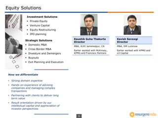 5
Equity Solutions
Investment Solutions
 Private Equity
 Venture Capital
 Equity Restructuring
 IPO planning
Strategic Solutions
 Domestic M&A
 Cross Border M&A
 Divesture and Demergers
 Buyouts
 Exit Planning and Execution
How we differentiate
• Strong domain expertise
• Hands-on experience of advising
companies and managing complex
transactions
• Partnering with clients to deliver long
term value
• Result orientation driven by our
intellectual capital and appreciation of
investor perspectives
Kaushik Guha Thakurta
Director
MBA, XLRI Jamshedpur, CA
Earlier worked with McKinsey,
KPMG and Francisco Partners
Kavish Sarawgi
Director
MBA, IIM Lucknow
Earlier worked with KPMG and
o3 Capital
 