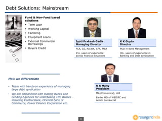 6
Debt Solutions: Mainstream
Fund & Non-Fund based
solutions
 Term Loan
 Working Capital
 Factoring
 Equipment Loans
 External Commercial
Borrowings
 Buyers Credit
How we differentiate
• Team with hands-on experience of managing
large debt syndication
• We are empanelled with leading Banks and
Lending Agencies for undertaking TEV studies –
including Central bank, Oriental bank of
Commerce, Power Finance Corporation etc.
Jyoti Prakash Gadia
Managing Director
FCA, CS, AICWA, CFA, MBA
15+ years of experience
across financial situations
K K Gupta
Director
PGD in Bank Management
30+ years of experience in
Banking and Debt syndication
N K Maity
President
MA (Economics), LLB
Earlier MD of WBIDFC and
senior bureaucrat
 