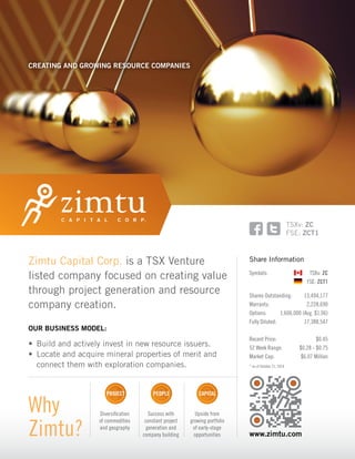 www.zimtu.com 
Share Information 
Symbols: TSXv: ZC 
FSE: ZCT1 
Shares Outstanding: 13,494,177 
Warrants: 2,228,690 
Options: 1,606,000 (Avg. $1.06) 
Fully Diluted: 17,388,547 
Recent Price: $0.45 
52 Week Range: $0.28 - $0.75 
Market Cap: $6.07 Million 
* as of October 21, 2014 
CREATING AND GROWING RESOURCE COMPANIES 
Zimtu Capital Corp. is a TSX Venture 
listed company focused on creating value 
through project generation and resource 
company creation. 
OUR BUSINESS MODEL: 
• Build and actively invest in new resource issuers. 
• Locate and acquire mineral properties of merit and 
connect them with exploration companies. 
Why 
Zimtu? 
PROJECT PEOPLE CAPITAL 
Diversification 
of commodities 
and geography 
Success with 
constant project 
generation and 
company building 
Upside from 
growing portfolio 
of early-stage 
opportunities 
TSXv: ZC 
FSE: ZCT1 
 