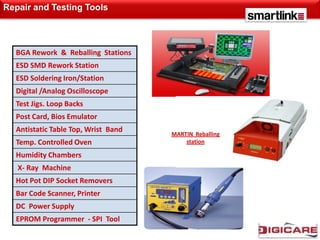Repair and Testing Tools




  BGA Rework & Reballing Stations
  ESD SMD Rework Station
  ESD Soldering Iron/Station
  Digital /Analog Oscilloscope
  Test Jigs. Loop Backs
  Post Card, Bios Emulator
  Antistatic Table Top, Wrist Band
                                     MARTIN Reballing
  Temp. Controlled Oven                  station

  Humidity Chambers
   X- Ray Machine
  Hot Pot DIP Socket Removers
  Bar Code Scanner, Printer
  DC Power Supply
  EPROM Programmer - SPI Tool
 