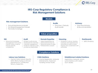 IRIS-Corp Regulatory Compliance &
Risk Management Solutions
Models
Risk management Solutions

Audits

Advisory

• One-time | Periodic
Audit Model

• Annual Maintenance Model
• SLA Based Engagement Model
• Pan-India Coverage

• One-Time Advisory
& Recommendation

Value proposition
KM
•

Audit

Exhaustive Knowledge
management that covers
Central, State as well as
Industry-specific
compliances

Domain Expertise

Liasoning

Stringent audit process
mechanism for one-time
/ periodic engagement
model for internal as well
as external stakeholders
.

Legal Interpretations &
practical know-how by
Seasoned panel of Legal
Professionals & Lawyers

•

Handling of notices, hearing,
summons and inspections by
authorities as well as fosters
rapport and coordination with
authorities

Dashboards
•

MIS & Analytics

Compliance Solutions
Labour Law Solutions
•

Central, State, Industry Specific
SOW, Restructurings, & Annual
Maintenance, Contribution,
Returns, Inspection,

CLRA Solutions
•

License Registration, renewals
Maintenance, Inspection
handling Vendor Audits

Establishment related Solutions
registrations, renewals, returns
Local interface with varied
Govt. Bodies

18

 