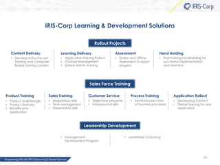 IRIS-Corp Learning & Development Solutions
Rollout Projects
Content Delivery
•

Assessment

Learning Delivery

Develop Instructor Led
Training and Computer
Based Training content

•
•
•

Application training Rollout
Change Management
System Admin training

•

Online and Offline
Assessment to report
progress

Hand Holding
•

Post training handholding for
successful implementation
and retention

Sales Force Training
Product Training
•
•
•

Product walkthrough,
Product features,
Benefits and
application

Sales Training
•
•
•

Negotiation skills
Time management
Presentation skills

Customer Service
•
•

Process Training

Telephone etiquette
Interpersonal skills

•

Facilitate execution
of business processes

Application Rollout
•
•

Developing Content
Deliver training for new
application

Leadership Development
•

Management
Development Program

•

Leadership Coaching

19

 