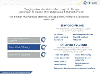 “Bringing a broad and diversified range of offerings
focusing on all aspects of HR Outsourcing & Shared Services”

“Be it Indian Multinational, Start-ups, or Global Firms, we have a solution for
everyone”

SERVICE OFFERINGS
“Provide stand- alone service offerings to support
our clients in multiple Industries”

Recruitment

Growing Geographical
Footprint

Diversified Offerings
Innovative Solutions

Regulatory compliances

Employee leasing

Payroll & taxations

Assessment

HRIS | ESS

ENTERPRISE SOLUTIONS
“Offer end to end hybrid solutions for Enhanced
Workforce Development and Growth through the use of
Innovative Technology Tools”

Source-train-place

Source-train-deploy

Source-assess-train

Recruitment process
outsourcing

Shared services

Payroll solutions

Risk management
solutions

Assessment & performance management solutions
8

 