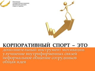 КОРПОРАТИВНЫЙ СПОРТ – ЭТО
дополнительный инструмент мотивации
улучшение внутрифирменных связей
неформальное общение сотрудников
общая идея
 