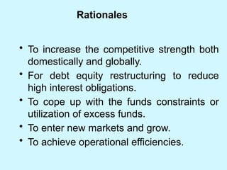 Rationales
• To increase the competitive strength both
domestically and globally.
• For debt equity restructuring to reduce
high interest obligations.
• To cope up with the funds constraints or
utilization of excess funds.
• To enter new markets and grow.
• To achieve operational efficiencies.
 