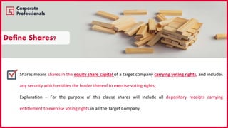 Shares means shares in the equity share capital of a target company carrying voting rights, and includes
any security which entitles the holder thereof to exercise voting rights;
Explanation  For the purpose of this clause shares will include all depository receipts carrying
entitlement to exercise voting rights in all the Target Company.
Define Shares?
 