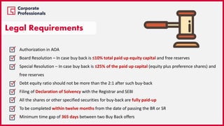 Authorization in AOA
Board Resolution – In case buy back is ≤10% total paid up equity capital and free reserves
Special Resolution – In case buy back is ≤25% of the paid up capital (equity plus preference shares) and
free reserves
Debt equity ratio should not be more than the 2:1 after such buy-back
Filing of Declaration of Solvency with the Registrar and SEBI
All the shares or other specified securities for buy-back are fully paid-up
To be completed within twelve months from the date of passing the BR or SR
Minimum time gap of 365 days between two Buy Back offers
Legal Requirements
 