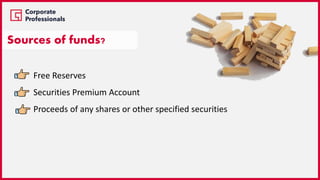 Free Reserves
Securities Premium Account
Proceeds of any shares or other specified securities
Sources of funds?
 