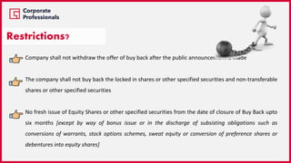 Company shall not withdraw the offer of buy back after the public announcement is made
The company shall not buy back the locked in shares or other specified securities and non-transferable
shares or other specified securities
No fresh issue of Equity Shares or other specified securities from the date of closure of Buy Back upto
six months [except by way of bonus issue or in the discharge of subsisting obligations such as
conversions of warrants, stock options schemes, sweat equity or conversion of preference shares or
debentures into equity shares]
Restrictions?
 