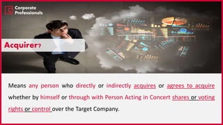 Means any person who directly or indirectly acquires or agrees to acquire
whether by himself or through with Person Acting in Concert shares or voting
rights or control over the Target Company.
Acquirer?
 