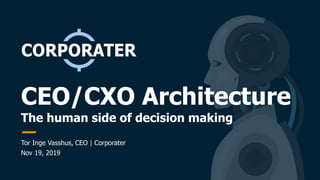 The human side of decision making
CEO/CXO Architecture
Tor Inge Vasshus, CEO | Corporater
Nov 19, 2019
 