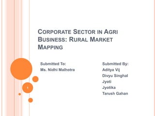 CORPORATE SECTOR IN AGRI
BUSINESS: RURAL MARKET
MAPPING
Submitted To: Submitted By:
Ms. Nidhi Malhotra Aditya Vij
Divyu Singhal
Jyoti
Jyotika
Tarush Gahan
1
 
