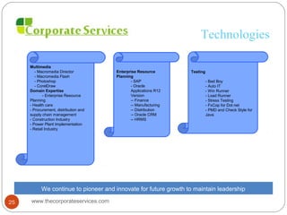 Technologies
Multimedia
- Macromedia Director
- Macromedia Flash
- Photoshop
- CorelDraw
Domain Expertise
- Enterprise Resource
Planning
- Health care
- Procurement, distribution and
supply chain management
- Construction Industry
- Power Plant Implementation
- Retail Industry
Enterprise Resource
Planning
- SAP
- Oracle
Applications R12
Version
-- Finance
-- Manufacturing
-- Distribution
-- Oracle CRM
-- HRMS
Testing
- Bad Boy
- Auto IT
- Win Runner
- Load Runner
- Stress Testing
- FxCop for Dot net
- PMD and Check Style for
Java
We continue to pioneer and innovate for future growth to maintain leadership
www.thecorporateservices.com25
 