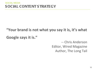 SOCIAL CONTENT STRATEGY SOCIAL MEDIA “ Your brand is not what you say it is, it ’ s what Google says it is. ” -- Chris Anderson Editor, Wired Magazine Author, The Long Tail 