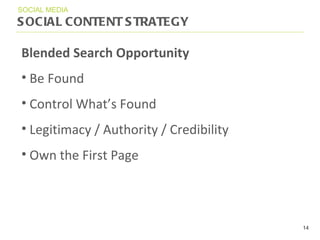 SOCIAL CONTENT STRATEGY SOCIAL MEDIA Blended Search Opportunity Be Found Control What ’ s Found Legitimacy / A u thority / Credibility Own the First Page 