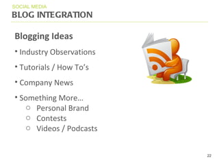 BLOG INTEGRATION SOCIAL MEDIA Blogging Ideas Industry Observations Tutorials / How To ’ s Com pa ny News Something More … Personal Brand Contests Videos / Podcasts 