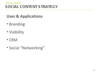 SOCIAL CONTENT STRATEGY SOCIAL MEDIA Uses & Applications Branding Visibility CRM Social  “ Notworking ” 