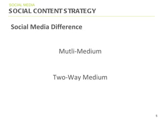 SOCIAL CONTENT STRATEGY SOCIAL MEDIA Social Media Difference Mutli-Medium Two-Way Medium 