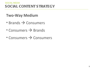 SOCIAL CONTENT STRATEGY SOCIAL MEDIA Two-Way Medium B r ands    Consumers Consumers    Brands Consumers    Consumers 