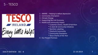 5 - TESCO 
1 - AWARE :- Helping to defeat depression 
2 - Community Champions 
3 - Climate Change 
4 - Supporting the Iris...