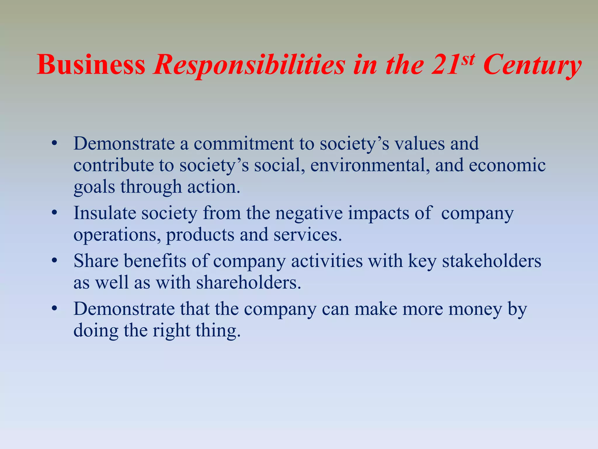 Pyramid of CSRPhilanthropic ResponsibilitiesBe a good corporate citizen.Ethical ResponsibilitiesBe ethical.Legal ResponsibilitiesObey the law.Economic ResponsibilitiesBe profitable.
