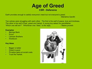 Age of Greed
                                          CSR - Defensive
Earth provides enough to satisfy everyone’s need but not everyone’s greed.
                                                                    -Mahatma Gandhi

Two wolves were struggling with each other. The first is the wolf of peace, love and kindness.
The other is the wolf of fear, greed and hatred. A young boy asked his grandfather,
‘Which one will win?’ ‘Whichever one I feed.’ is the reply.           - Native proverb

Examples
•  Barings Bank
•  Enron
•  Lehman Brothers
•  Worldcom

Key Ideas

•   Bigger is better
•   Greed is good
•   Privatize gains at social costs
•   Trust the market.
 