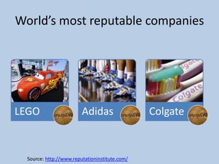 World’s most reputable companies




LEGO                     Adidas                 Colgate


  Source: http://www.reputationinstitute.com/
 