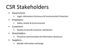 CSR Stakeholders
• Government-
• Legal, Information Disclosure & Environmental Protection
• Employees-
• Safety, Health & Environmental
• Customers-
• Quality Control & Customer satisfaction
• Shareholders-
• Proactive communication & Information disclosure
• Suppliers-
• Market information exchange
 