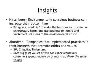 Insights
• Hirschberg – Environmentally conscious business can
increase their bottom line
– Patagonia: credo is “to make the best product, cause no
unnecessary harm, and use business to inspire and
implement solutions to the environmental crisis”
• Aburdene – Companies that implemented practices in
their business that promote ethics and values
– 3M, Chiquita, Timberland
– Data suggests values driven consumer (conscious
consumer) spends money on brands that share the same
values
 