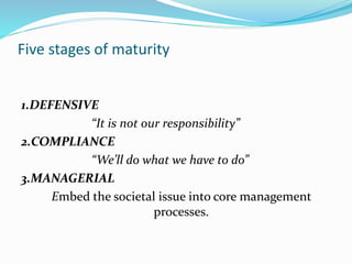 Five stages of maturity
1.DEFENSIVE
“It is not our responsibility”
2.COMPLIANCE
“We’ll do what we have to do”
3.MANAGERIAL
Embed the societal issue into core management
processes.
 