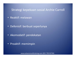 Strategi kepekaan sosial Archie Carroll
• Reaktif: melawan
• Defenisif: berbuat seperlunya
• Akomodatif: pendekatan
• Proaktif: memimpin
www.valueconsulttraining.com (021 7919 8730)
 